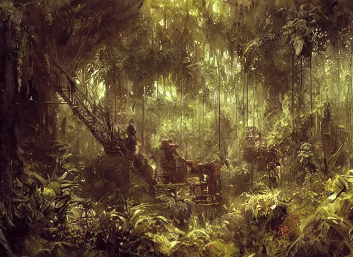 Image similar to interior shot of a lush jungle with two steam punk explorers navigating the harsh terrain, masterpiece, painterly, art by artem demura, emotion,