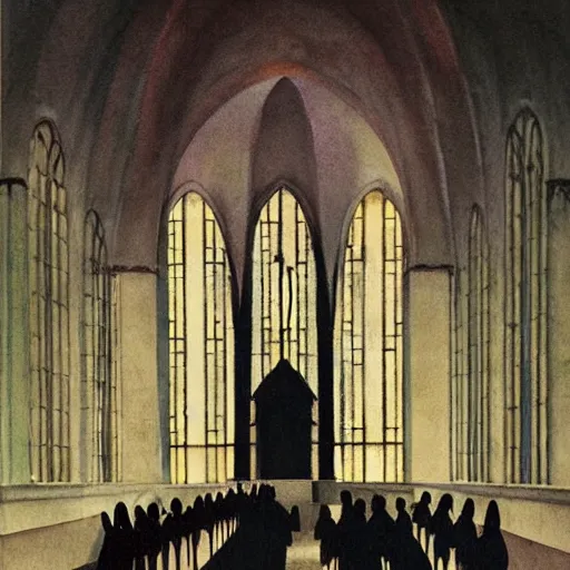 Image similar to procession of women in a gothic temple, dripping watercolor by gottfried helnwein, by hammershøi, highly detailed, art nouveau wallpaper, lights by edward hopper, liminal, eerie, pastel colors, limited palette