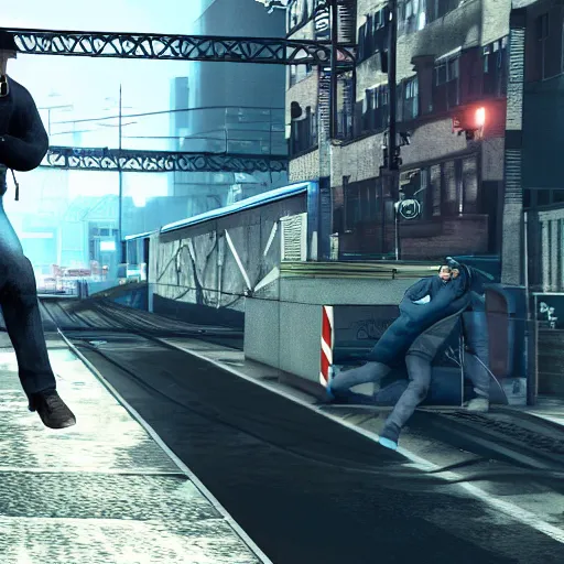 Prompt: Watch dogs game Aiden Pearce running towards a train in movement while policement chases him