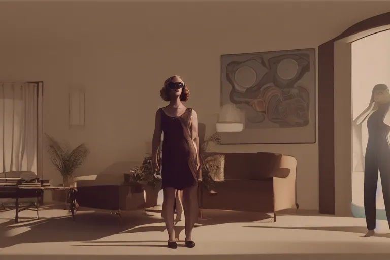 Prompt: backlit photograph of submissive young woman wearing shades, standing in front of powerful orgone accumulator in 1 9 3 0's suburban living room, octane render, highly detailed, in roger deakins style, 3 5 mm ektachrome, ultra sharp