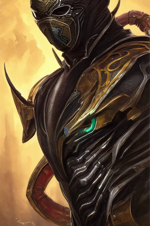 Image similar to ultra realistic illustration, scorpion from mortal kombat dressed like a wakandan warrior, hacknaut cyberpunk, sci - fi, fantasy, intricate, elegant, highly detailed, digital painting, artstation, concept art, smooth, sharp focus, illustration, art by artgerm and greg rutkowski and alphonse mucha