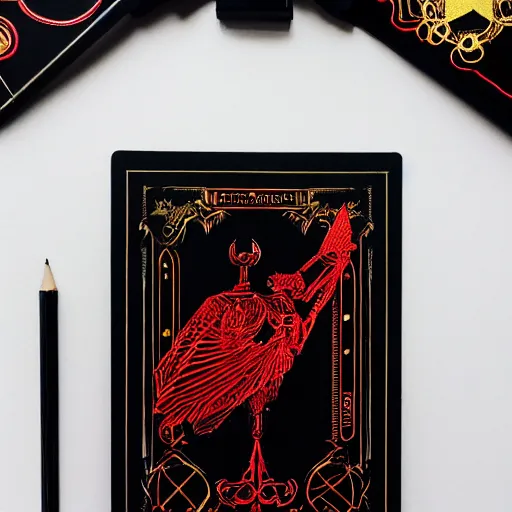 Image similar to black paper + elements + red + black + neon + baroque + rococo + ink + tarot card with ornate border frame + sebastien mitton, viktor antonov, sergey kolesov, detailed, intricate ink illustration + magic + glow + outline + laser + red + black + detailed robot falcon