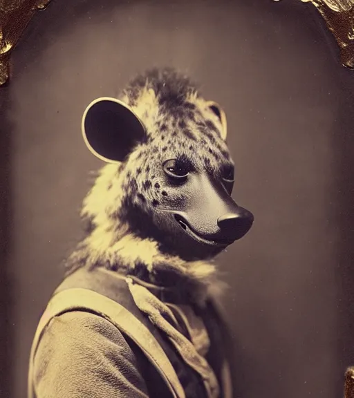 Image similar to professional studio photo portrait of anthro anthropomorphic spotted hyena head animal person fursona smug smiling wearing elaborate pompous royal king robes clothes gold frame by Louis Daguerre daguerreotype tintype