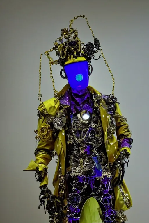 Image similar to full-body neon porcelain rococo futuristic style sculpture of a young handsome prince as a half-robot wearing retro shades, ruptured battery, leaking glowing neon radioactive liquid, electric sparks, glowing violet laser beam eyes, crown of giant diamonds, gold chain steampunk necklace, flowing purple satin, luminescent fabrics, mechanical roses. baroque and steampunk elements. full-length view. baroque element. intricate artwork by caravaggio. Trending on artstation, octane render, cinematic lighting from the right, hyper realism, octane render, 8k, depth of field, 3D