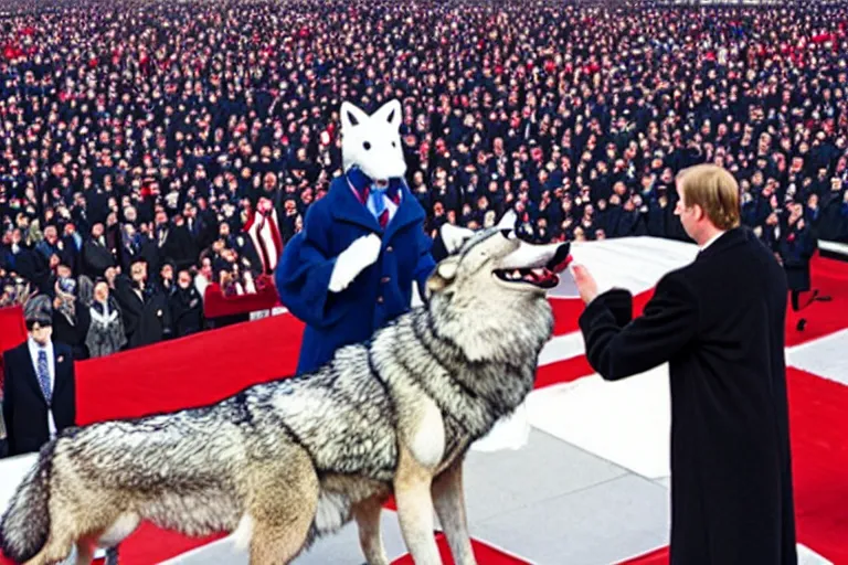 Image similar to photo of the usa presidential inauguration, a wolf fursuiter being inaugurated as president