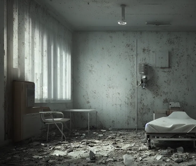 Image similar to Abandoned hospital room, octane render, artstation trending, highly detailded