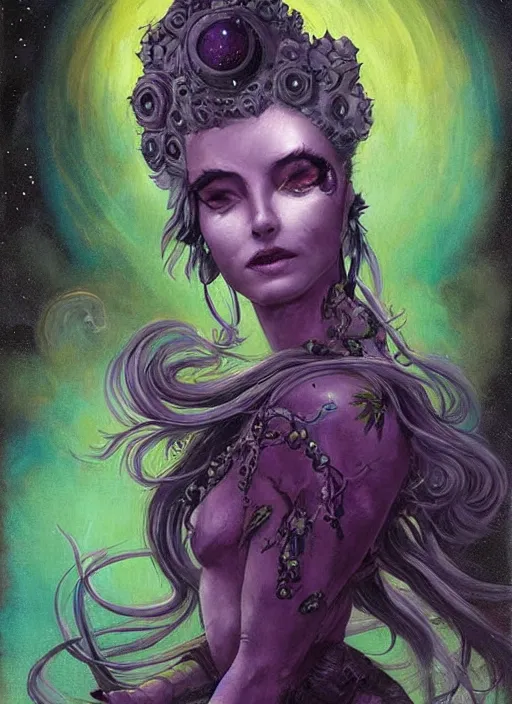 Image similar to portrait of princess of the dreamlands and moon beast, beautiful! coherent! by brom, muted colors, yellow purple green black