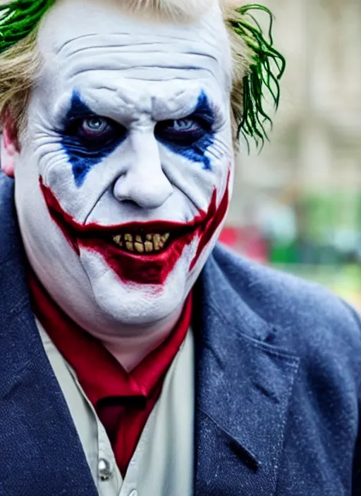 Prompt: film still of boris johnson as joker in the new joker movie, 4 k