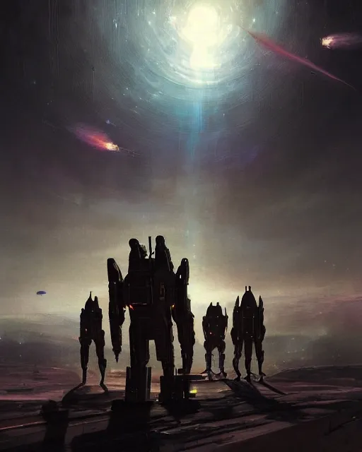 Prompt: A matted painting of Aliens of the Sun on a spaceship environment with expansive views of space, inspired by greg rutkowski and Keith Mallett, digital art, extremely moody lighting, glowing light and shadow, atmospheric, shadowy, cinematic