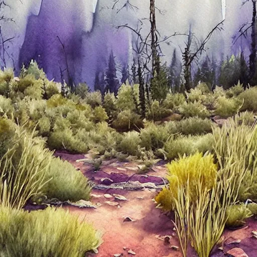 Prompt: stunning lush natural scene on another planet, with weird vegetation, rocks and colour. beautiful light. soft colour scheme. beautiful artistic detailed watercolor by lurid. ( 2 0 2 2 )