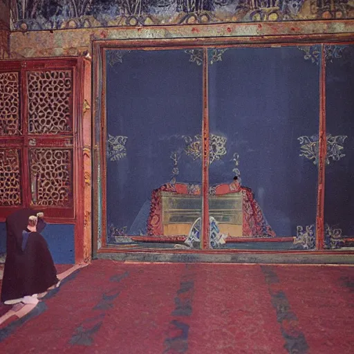 Prompt: a ninja thief inside inside topkapi palace, 1963, Kodachrome film