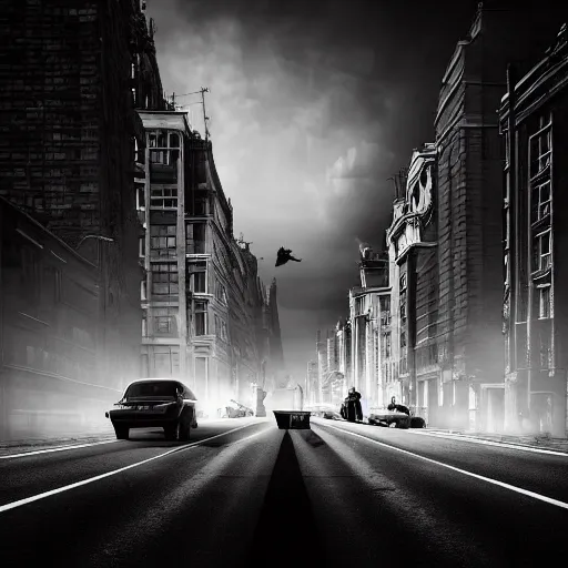 Prompt: impending disaster on an empty street, tense atmosphere, dark shadows, noir style, sharp lines