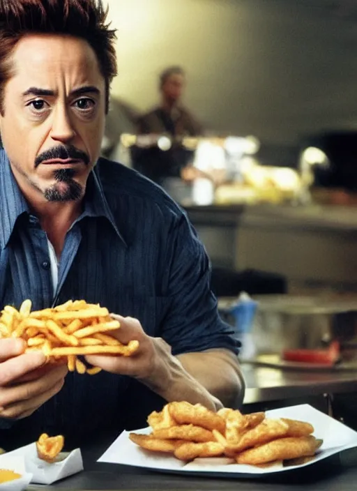 Image similar to a full portrait photo of robert downey jr eating mcdonald in movie iron man, f / 2 2, 3 5 mm, 2 7 0 0 k, lighting, perfect faces, award winning photography.