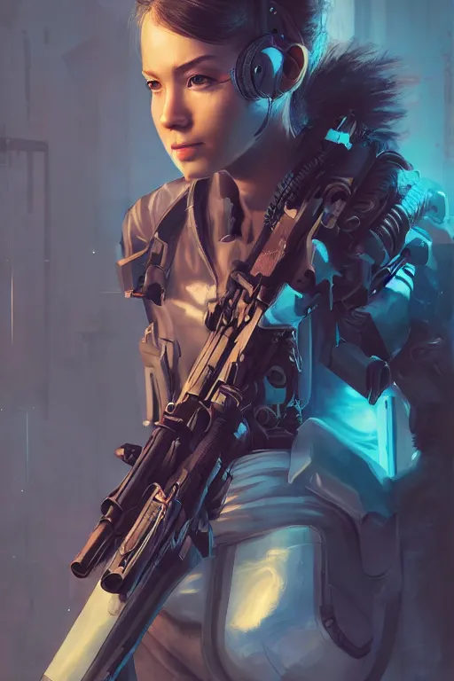 Image similar to beautiful portrait of a cyborg mercenary girl holding a rifle, art by wlop, artgerm, liam wong, cyberpunk, neon, intricate details, trending on artstation, sharp focus, caustics, octane render, radiant light, 4 k