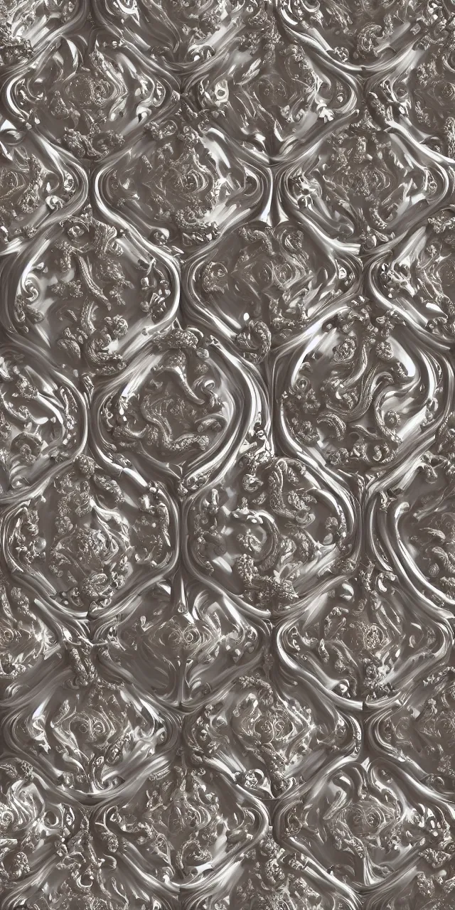 Image similar to beautiful photorealistic baroque ornaments seamless pattern, subsurface scattering, chrome futuristic detail, misty mike jordana, konstantin porubov, valeriy vegera, hypermaximalist, elegant, ornate, rococo, baroque ornament detail, elite, creepy, radiant, matte painting, cinematic, cinematic lighting, corel painter, cgsociety, atmospheric