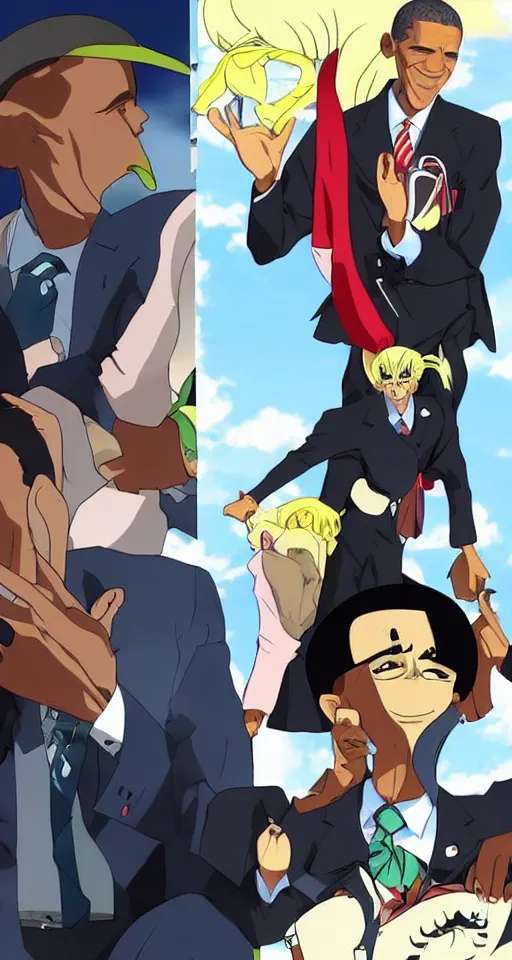 Prompt: barrack obama anime in the style of jojo's bizarre adventure david productions