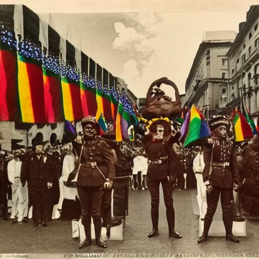 Image similar to Mussolini at the gay pride, colourized, photograph, hyper detailed, award winning photograph, 8k