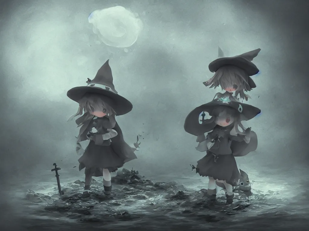 Image similar to cute fumo plush girl witch on a tiny island surrounded by murky river water, river styx, cursed otherworldly chibi gothic horror wraith maiden, lost in the milky void, hazy heavy magical glowing swirling murky volumetric fog and smoke, moonglow, lens flare, vray