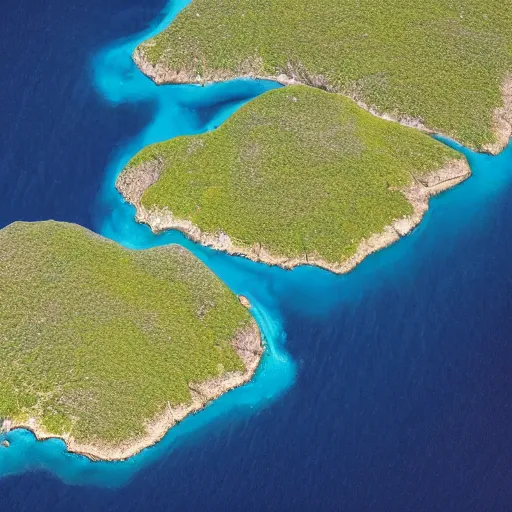 Prompt: birdseye view of two large islands, two medium islands, and one small island, cartographers map