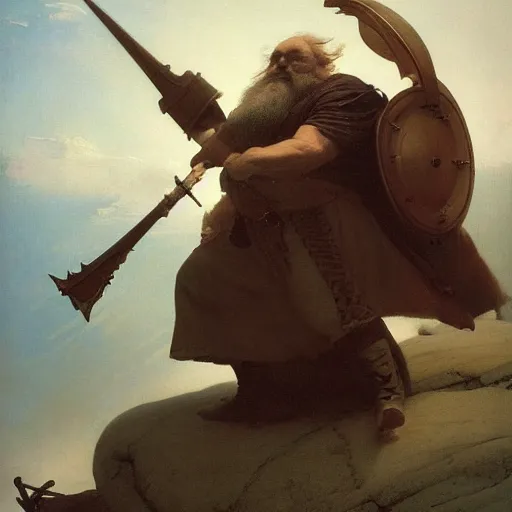 Image similar to art by ivan aivazovsky and syd mead and moebius and gaston bussiere and roger dean and pieter claesz and paul delaroche and alma tadema and aelbert cuyp and willem claesz, live action, a fantasy cinematic close up shot of a dwarf berserker firghting, warhammer, dnd, last stand