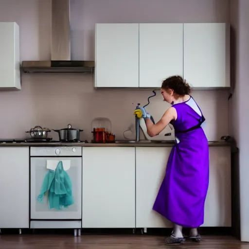 Prompt: a woman in a purple dress cleaning a kitchen, a stock photo by frieke janssens, shutterstock contest winner, feminist art, contest winner, stock photo, creative commons attribution