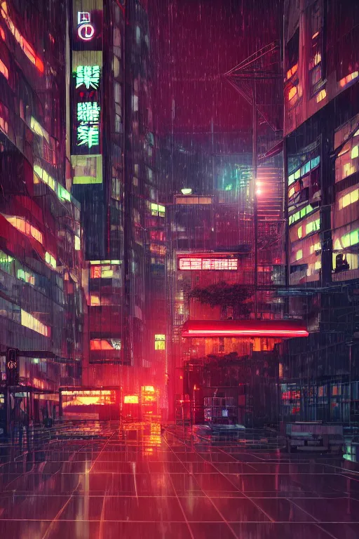 Image similar to Futuristic Asian city at night with rain, Cyberpunk style, Red Mini Cooper S, Neon lights, Matte paiting, cinematic lighting, corona render, smoke, light rays, 8k