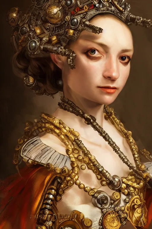 Prompt: portrait, headshot, digital painting, of a 17th century, beautiful cyborg girl merchant, dark hair, amber jewels, baroque, ornate clothing, scifi, futuristic, realistic, hyperdetailed, chiaroscuro, concept art, art by frans hals