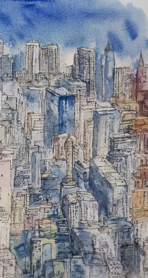 Prompt: looking upon a dying city, watercolor,