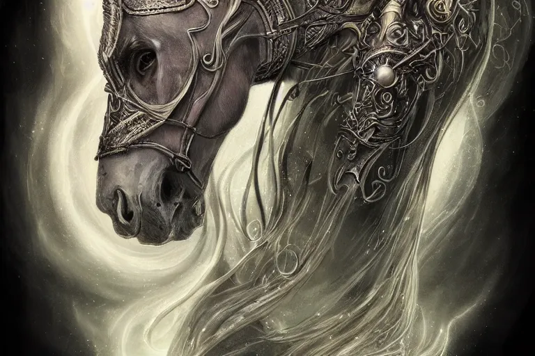 Image similar to a wlop 3 d render of very very very very highly detailed beautiful mystic portrait of a phantom undead horse with whirling galaxy around, tattoos by anton pieck, intricate, extremely detailed, digital painting, artstation, concept art, smooth, sharp focus, illustration, intimidating lighting, golden details, incredible art,