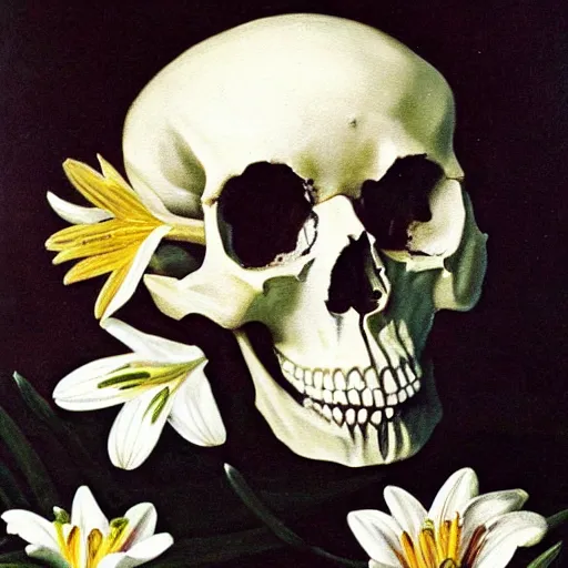 Image similar to a painting of a skull with diamonds in its eyes surrounded by white lilies all in front of a dark shadowy background in the style of a still life painting by francisco de zurbaran