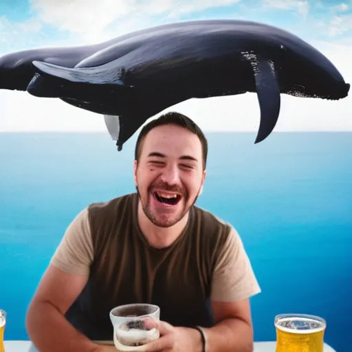 Prompt: A realistic photo of a happy man drinking a beer on the top of a flying whale