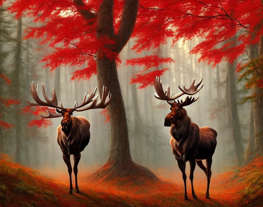 Prompt: a beautiful and very detailed painting of great ethereal moose in the bright red maple forest with a silver antlers, dynamic lighting, trending on artstation, path traced, highly detailed, high quality, digital art, hyper realistic, octane render, sharp focus, art by artgerm and greg rutkowski and alphonse mucha, 8 k