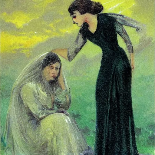 Prompt: dayglo yellow, fantastic planet loose, blocks by alfred augustus glendening. this illustration was painted in 1 9 3 7 during the guerra civil espanola. the woman in the illustration is weeping. she is wearing a black dress & a black veil. her face is distorted by grief. the illustration is dark & somber.