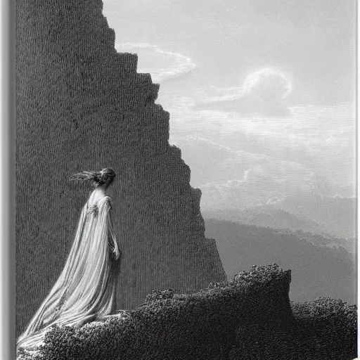 Image similar to A lonely woman, distant city, forest, cliff, illustration by Paul Gustave Doré