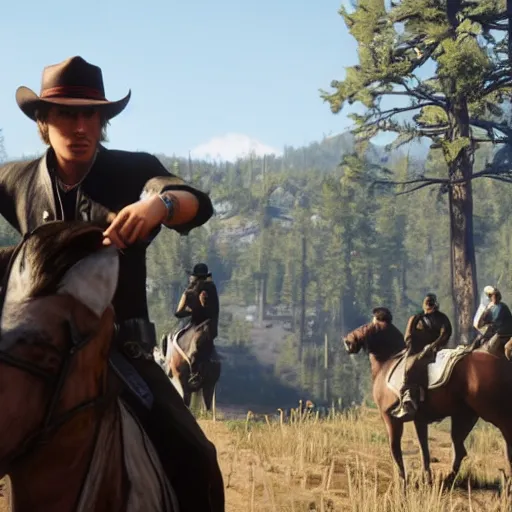 zesty-seal663: Arthur Morgan from Red Dead Redemption 2 riding his horse  across the country