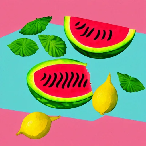 Prompt: retro, hd illustration of watermelons, big yellow lemons, mint leaves, ice cubes, inspired by watercolor masterpieces, matisse, malevich, david hockney, colorful, happy, trending on artstation, 4 k