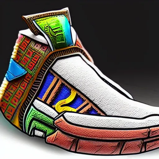 Image similar to realistic scultpure of sneaker! design, sneaker design overwatch fantasy style mixed with aztec mayan native street fashion, focus on sneakers only, shoes designed by akira toriyama and studio ghibli