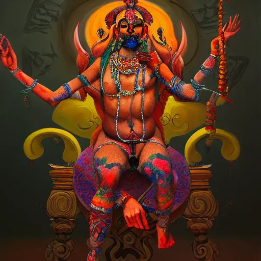 Image similar to a beautiful painting of a demon sitting on top of a chair, a high detailed painting by ram chandra shukla, by ali akbar sadeghi, pixiv contest winner, bengal school of art, symmetrical, coherent, maximalist, trending on artstation