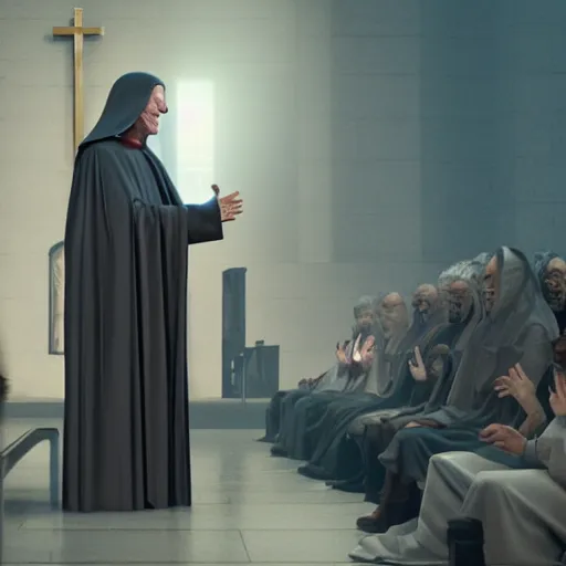 Image similar to emperor palpatine preaching to people at church, 8k cinematic lighting, very sharp detail, anatomically correct