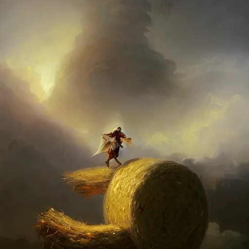 Prompt: ezio standing on a house falling into the hay bale made by ivan aivazovsky, peter mohrbacher, greg rutkowski volumetric light effect broad light oil painting painting fantasy art style sci - fi art style realism premium prints available artwork unreal engine