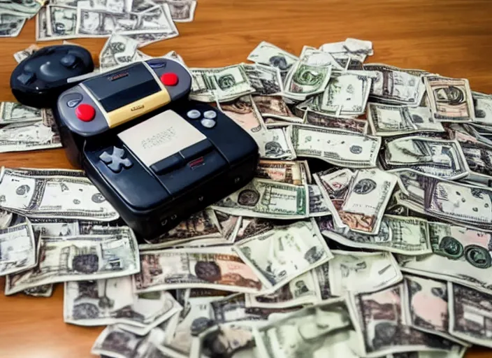 Image similar to realistic photo of nintendo 6 4 video game console in front of stacks of money