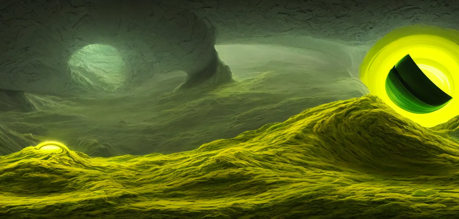 Image similar to a painting of a green and yellow swirl in the middle of a mountain, a computer rendering by mike winkelmann, shutterstock contest winner, nuclear art, tesseract, apocalypse art, concept art