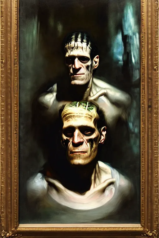 Image similar to photograph imax and solomon joseph solomon and richard schmid and jeremy lipking victorian loose genre loose painting full length portrait painting of frankenstein