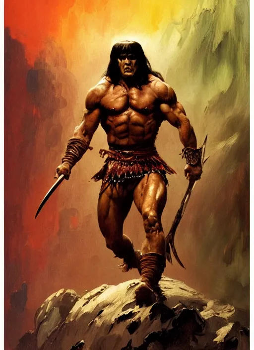 Prompt: in the style of frank frazetta, a highly detailed matte portrait painting of conan the barbarian, standing on a mountain holding a sword, by ashley wood, dynamic berserk battle pose, eerie magazine cover, red orange brown colors, impressionism, palette knife and brush strokes, photorealistic, detailed, intricate, 4 k, focused, extreme details, masterpiece