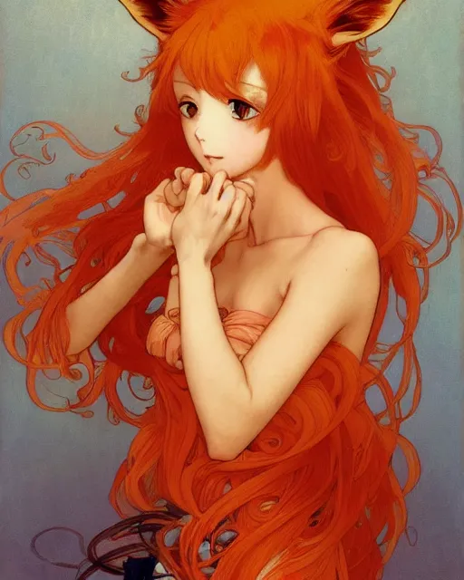 Image similar to A cute painting of a very very beautiful anime skinny foxgirl with curly orange colored hair and fox ears on top of her head wearing a nice red dress with quake 3 symbolic looking at the viewer, elegant, delicate, soft lines, higly detailed, smooth , pixiv art, ArtStation, artgem, art by alphonse mucha Gil Elvgren and charles reid, high quality, digital illustration, concept art, long shot