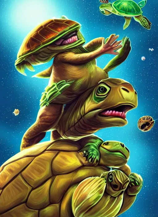 Image similar to hyper realistic photography space lion riding a turtle in space destroying an army of insectiods comic cover artstation