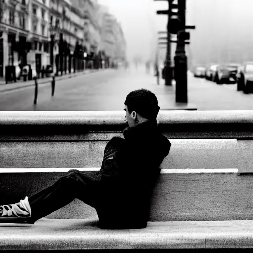 Image similar to black and white fashion photograph, highly detailed portrait of a depressed white drug dealer sitting on a bench on a busy Paris street, looking into camera, eye contact, natural light, rain, mist, lomo, fashion photography, film grain, soft vignette, sigma 85mm f/1.4 1/10 sec shutter