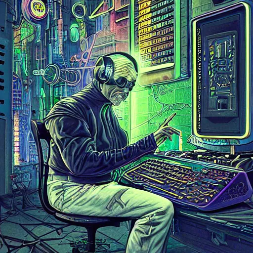 Prompt: cyberpunk goth old man cyborg working on cyberpunk computer in cyberpunk farmers market by william barlowe and pascal blanche and tom bagshaw and elsa beskow and enki bilal and franklin booth, neon rainbow vivid colors smooth, liquid, curves, very fine high detail 3 5 mm lens photo 8 k resolution