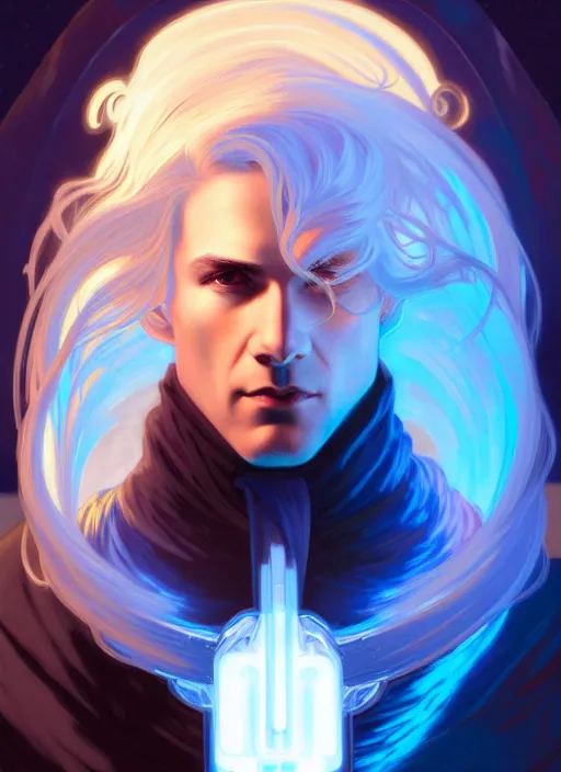 Image similar to symmetry!! portrait of man wearing winter clothes with long flaming blue hair, sci - fi, glowing lights!! intricate, elegant, highly detailed, digital painting, artstation, concept art, smooth, sharp focus, illustration, art by artgerm and greg rutkowski and alphonse mucha, 8 k