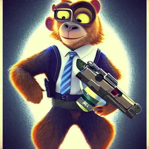 Image similar to “ logo of a monkey in the style of zootopia holding laser gun, with a black background, digital art, award winning, trending on art station, retro style ”